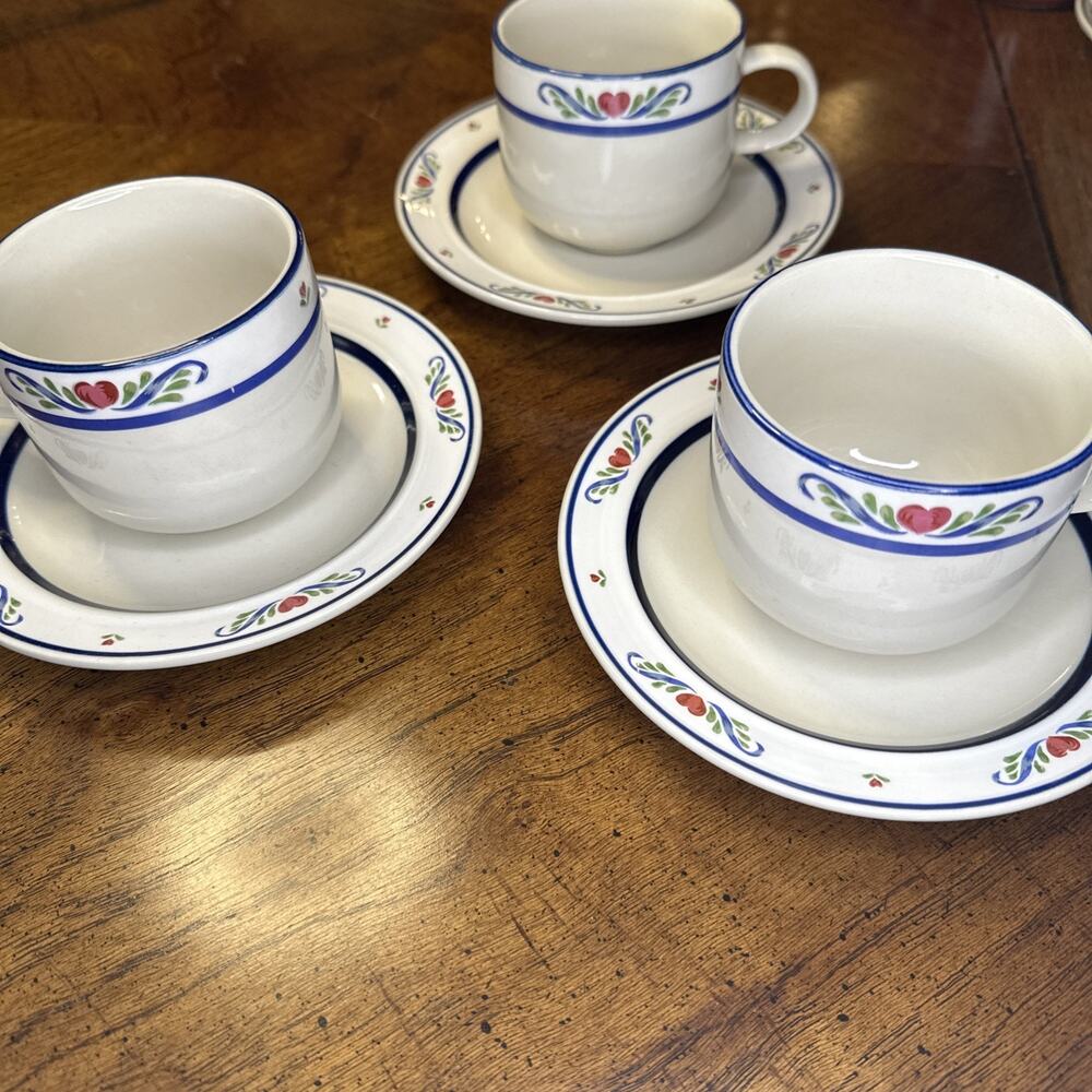(3) Tienshan Stoneware Cup‎ & Saucer Set FOLK DANCE Rose Heart Cobalt Blue Trim